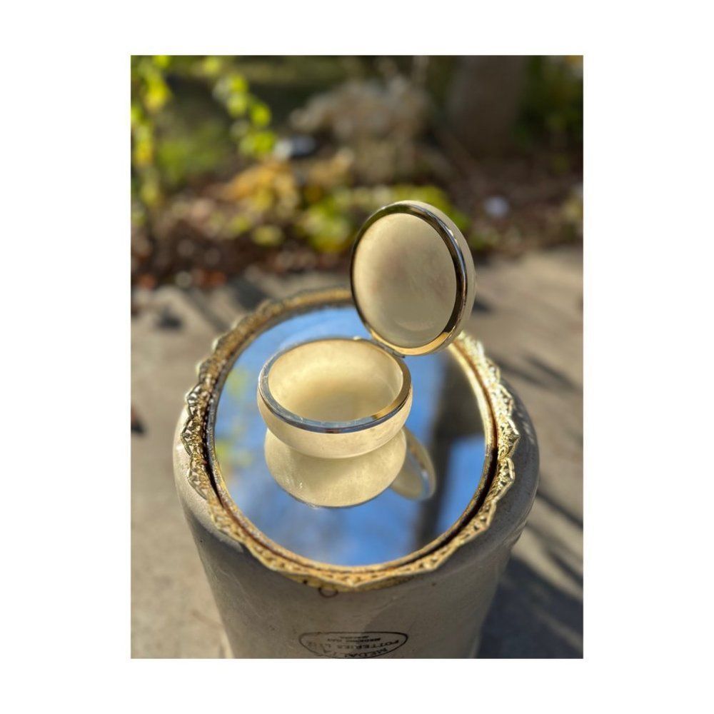 Vintage Alabaster Round Trinket Box Hinged Lid Floral Print